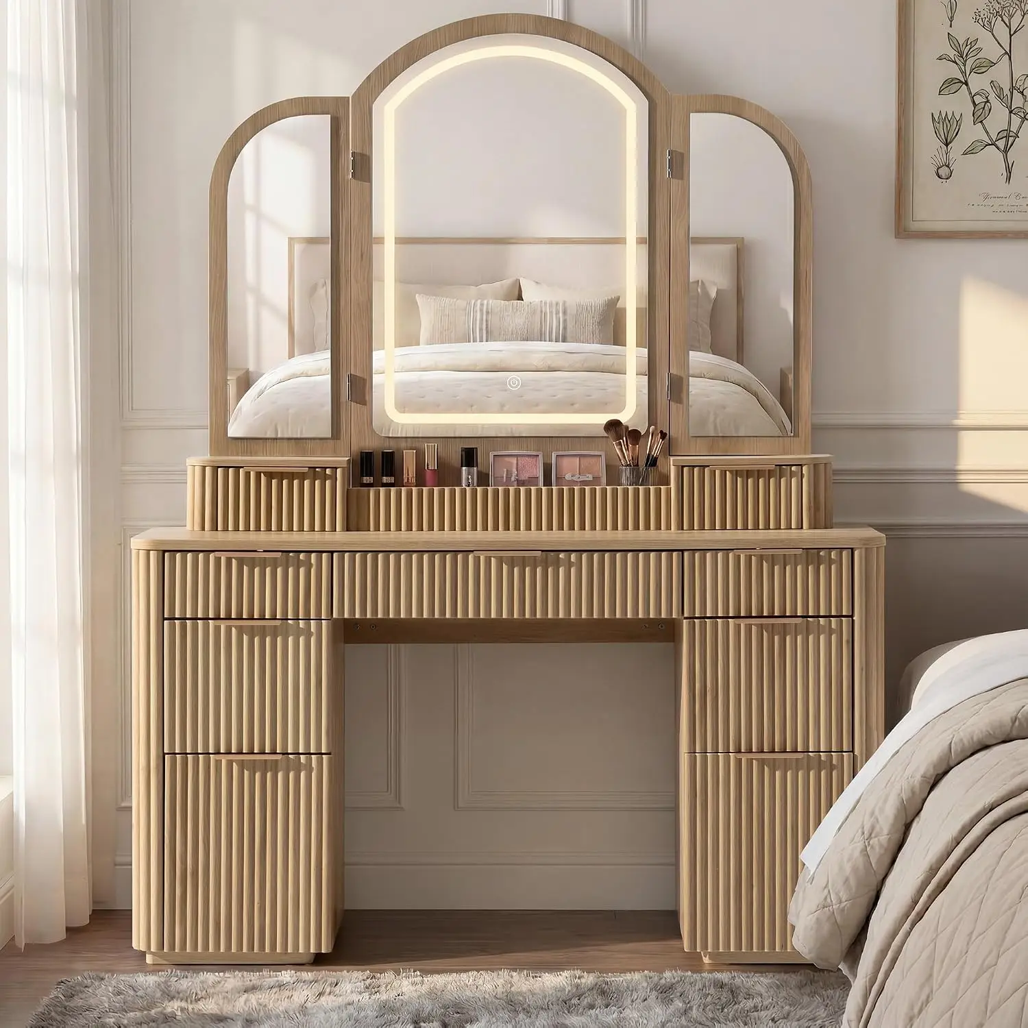Vanity Desk with Trifold Mirrors, 52.76” Wide Makeup Vanity Table, Oak