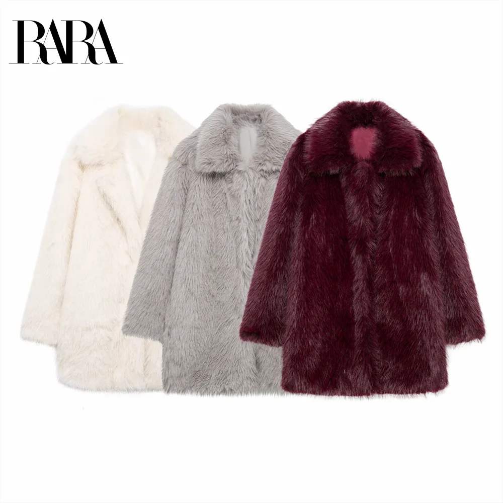 2024 RARA winter collar long sleeved faux mink fur faux fur effect casual solid color versatile coat jacket