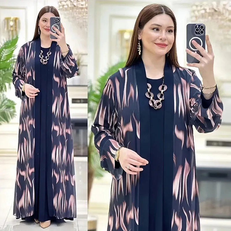 Eid-Abaya abierta con estampado Floral para mujer, conjunto de vestido interior, trajes musulmanes de 2 piezas, caftán de Dubái, bata turca, ropa islámica, Kimono