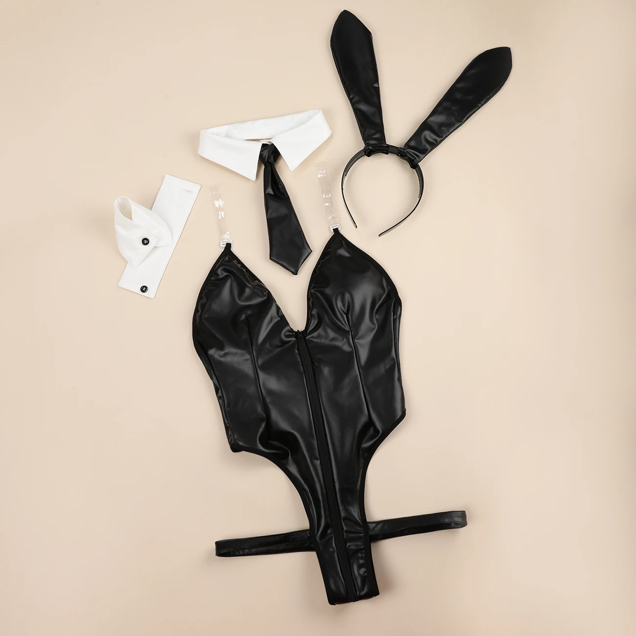 SENMHS Original Sexy Cute Bunny Girl Cosplay Black Faux Leather Zipper Jumpsuit Backless Hollow Kawaii Temptation Anime Lingerie