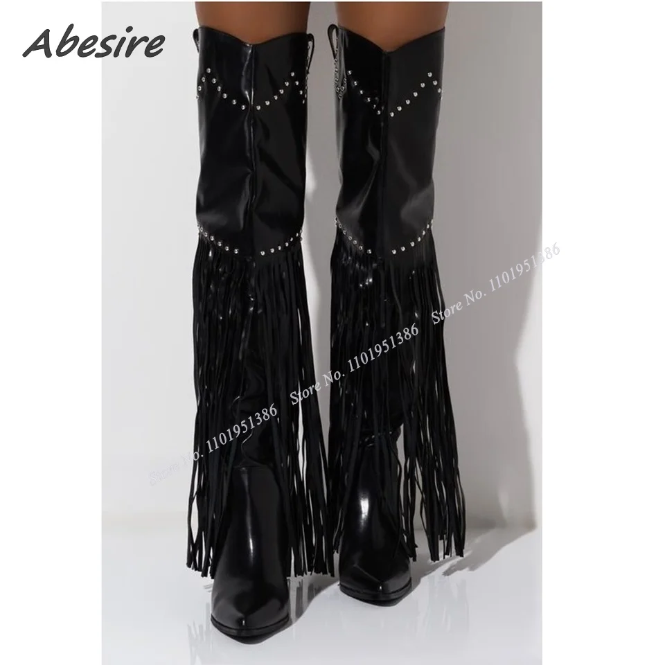 

Abesire Black Pointed Toe Fringe Decor Boots Rivet Boots Zipper Solid Stiletto Heel Shoes for Women High Heel Zapatillas Mujer