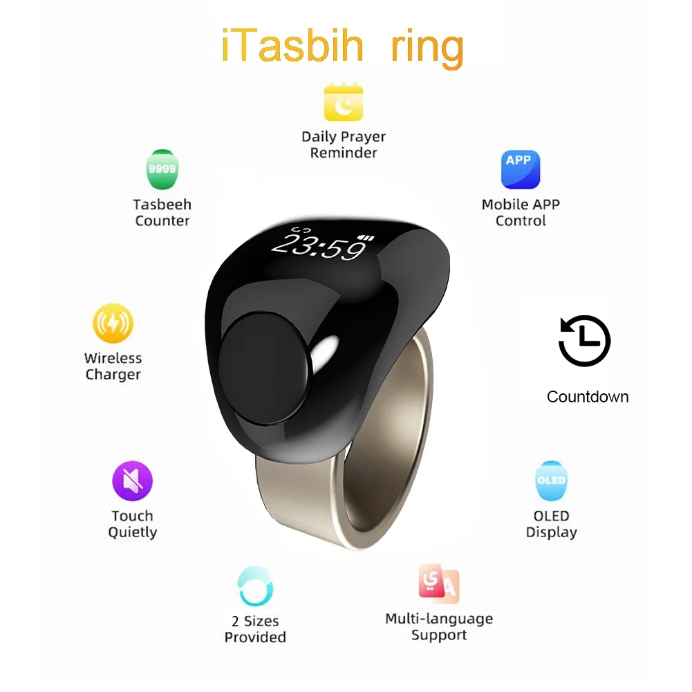 Smart Rechargeable Tasbih Counter Rings With Waterproof LED Display Electronic Finger Ring Alarm Clock Electronic Counter