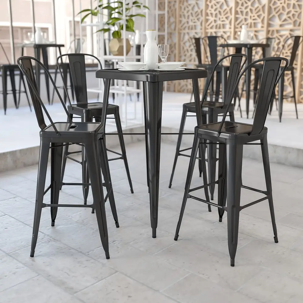 

Commercial Grade 23.75SQ Black Metal IndoorOutdoor Bar Table Set2 StoolsBacks