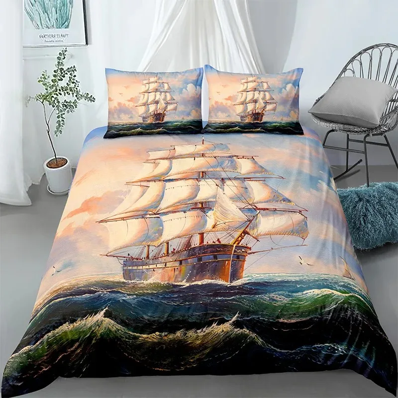 

Sailboat Duvet Cover Set Nautical Bedding Set Sailing Ship Comforter Cover Wooden Boat Pirate Yacht Adventure Theme Quilt Cover