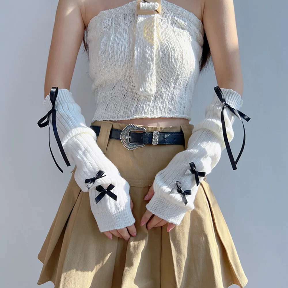 ใหม่ Thicken แขนแขนสีทึบ Bowknot แขนอุ่นนุ่ม Y2K ถักถุงมือหญิง