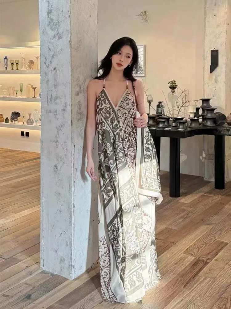 

Bohemian Style Vacation Sexy Backless Printed Halter Camisole Dress Robe Summer Holiday Beach Deep V Neck Sleeveless Loose Dress