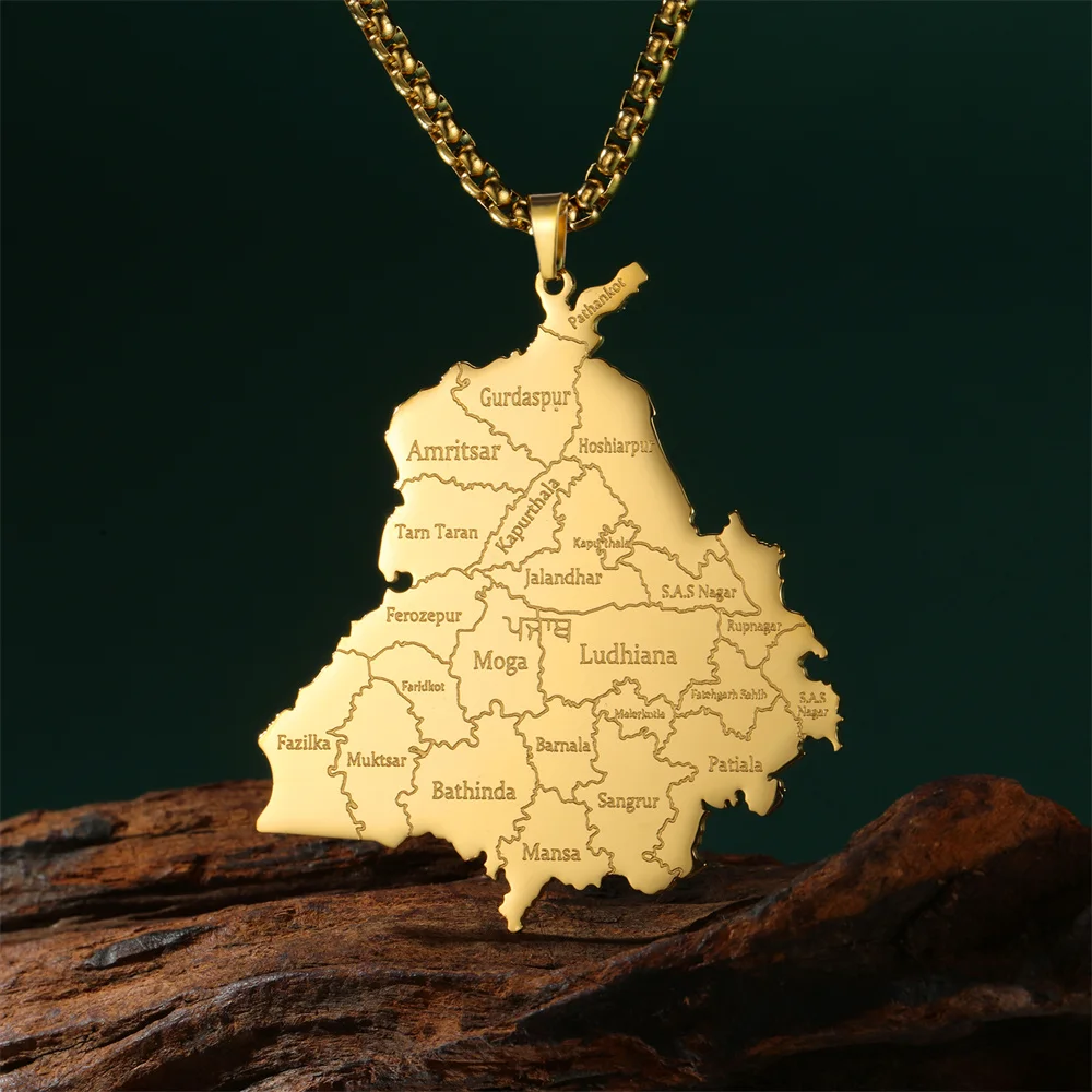 EUEAVAN India Punjab State Map Pendant Necklace for Man Stainless Steel Box Chain Geography Country Necklaces Ethnic Jewelry