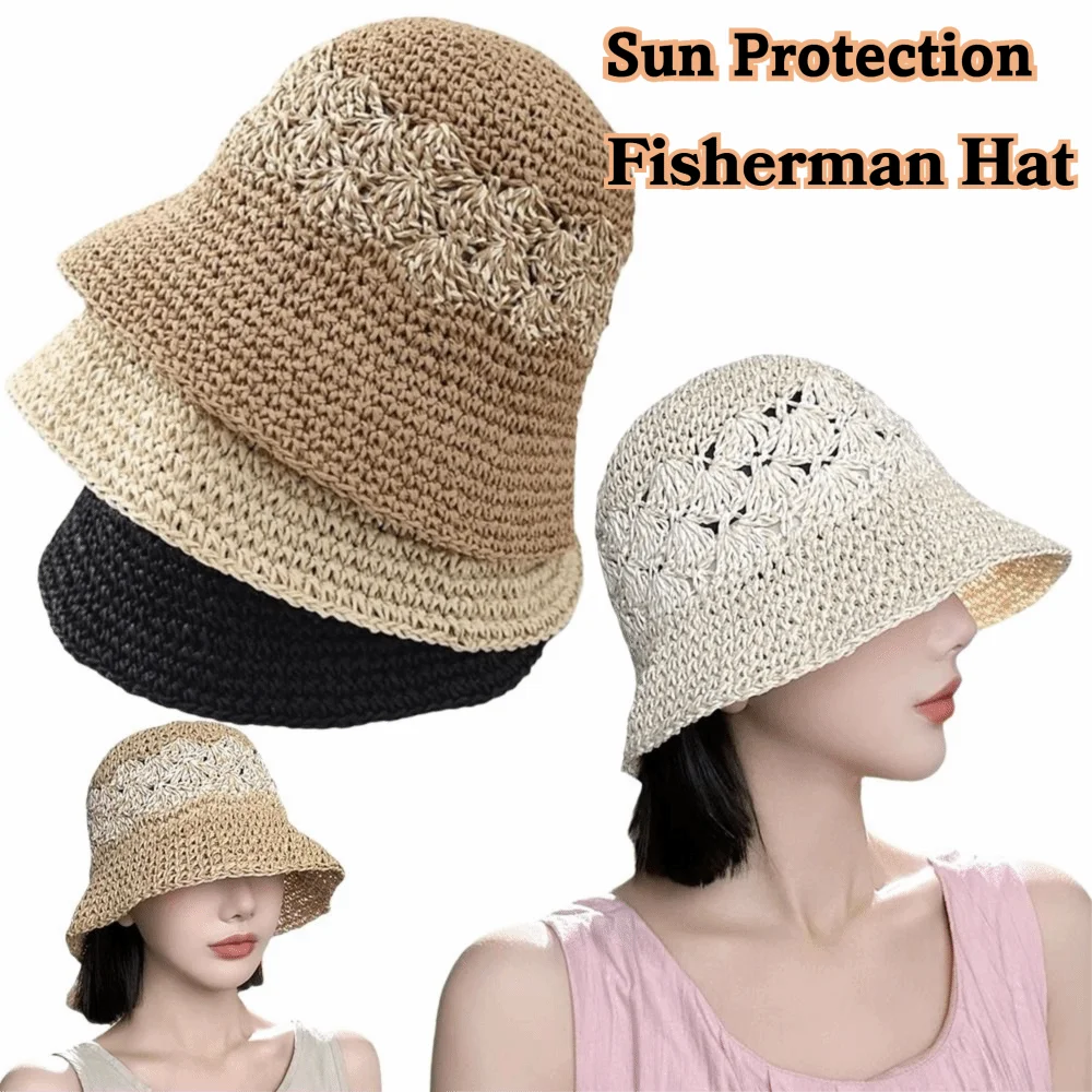 Casual Large Brim Woven Hat Hollow Out Foldable Straw Hat Sun Protection Breathable Sun Protection Hat Spring Summer