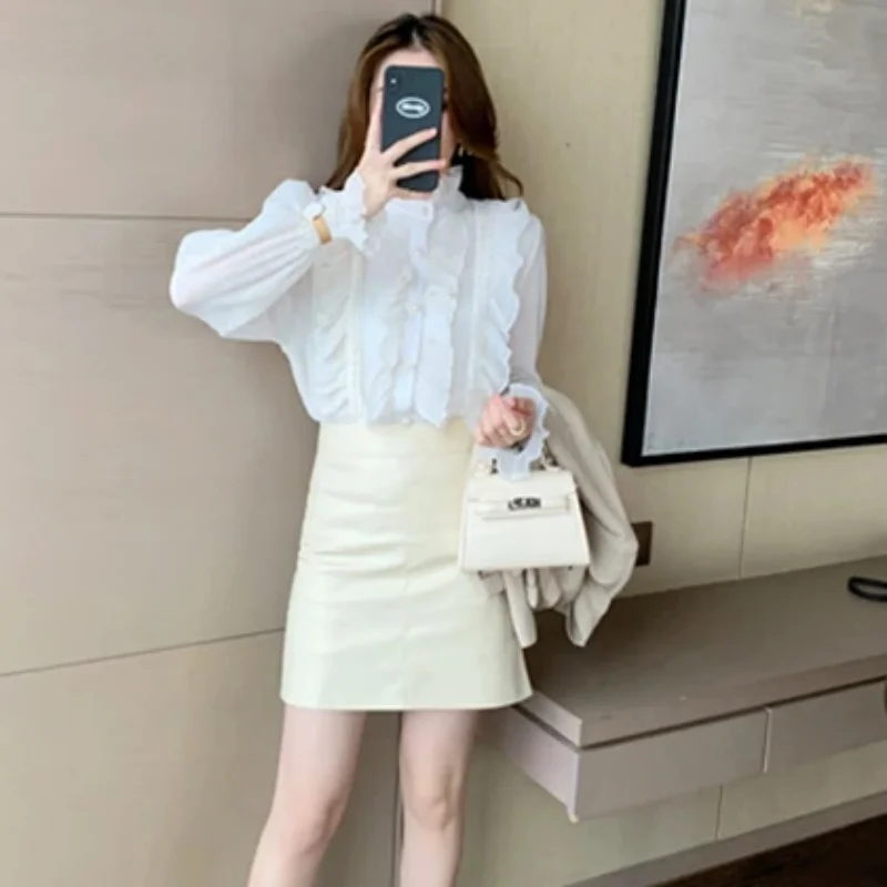 Fashion Vintage Ruffles Chiffon Long Sleeve Autumn Women Shirts 2024 Office Lady Elegant Casual Loose White Blouses Lace Tops