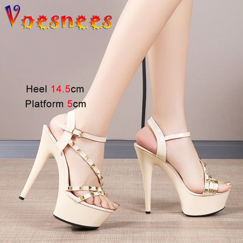 European And American Thin High Heels Rivet Women\'s Shoes Summer Fashion Thick Platform Sandals Sexy Narrow-band Banquet Pumps