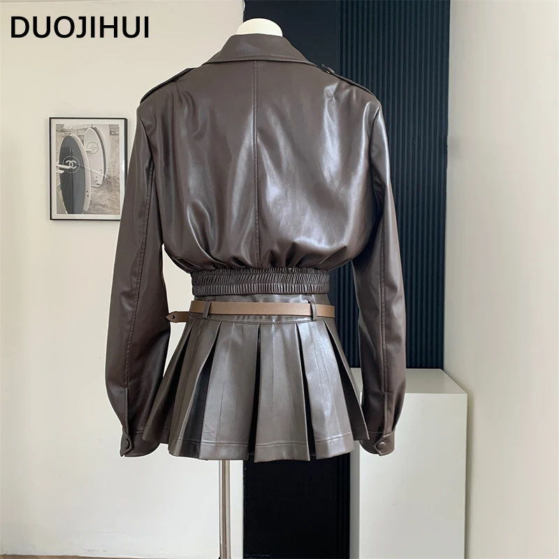 DUOJIHUI Two Piece New Casual Chic PU Women Skirts Autumn Fashion Zipper Jacket Loose Belt High Waist Slim Simple Female Skirts