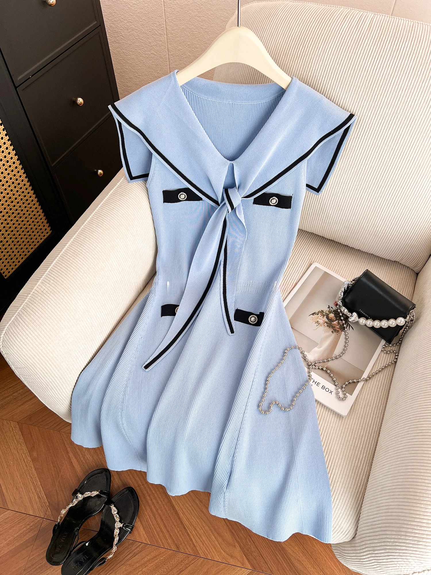 Damska dzianinowa kamizelka wyszczuplająca na lato, nowa, codzienna, w kolorze granatowym, z kołnierzykiem, podkreślająca talię, spódnica w kształcie litery A z wysokim stanem.