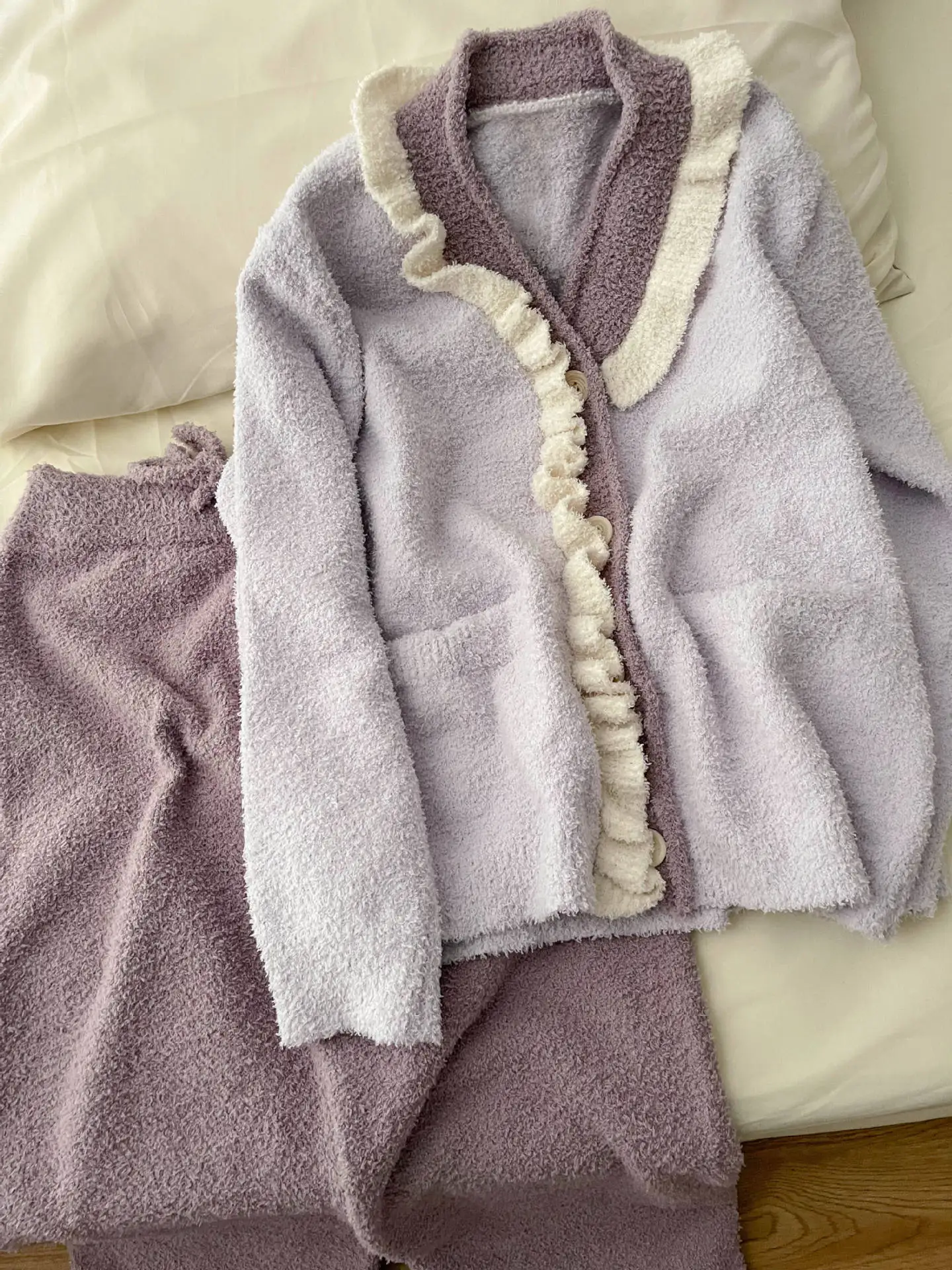 

Милый фиолетовый женский комплект из полуфлиса, теплый вязаный кардиган с v-образным вырезом, топ + брюки, комплект домашней одежды из 2 предметов, осенне-зимний костюм