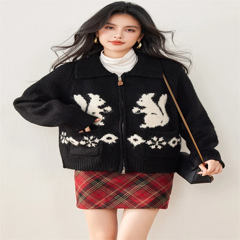 ADAgirl Kawaii Eekhoorn Grafische Vrouwen Vest Oversized Trui Rits Lange Mouw Truien Cutecore Kerst Winterkleding