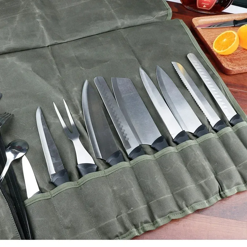 Portable Chef's Knife Bag - Durable Canvas Professional Kitchen Sharp Blade Japanese Storage Pocket Rollable Outdoor Storage Bag