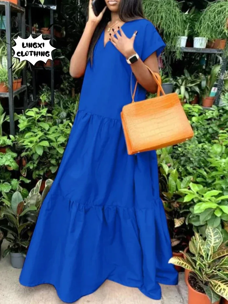 2024 Autumn Women\'s Large Size Loose Elegant Women\'s Dress V-Neck Temperament Gathering Women\'s Gown Sexy Holiday Dress