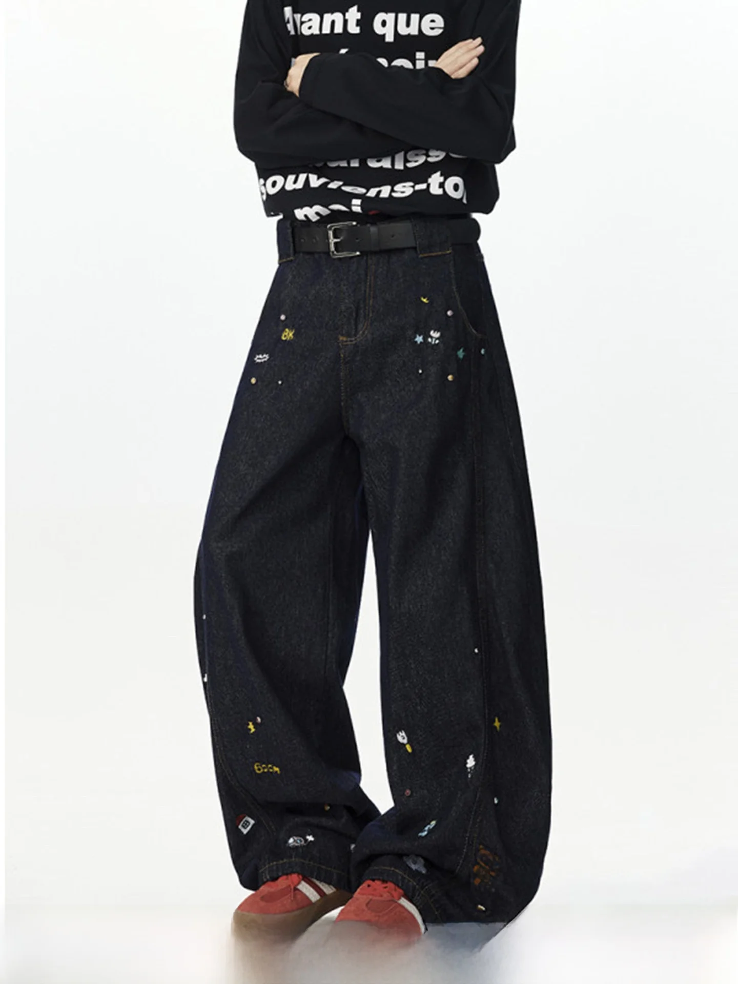 

Ретро-джинсы в американском стиле с мультяшной вышивкой, мужские, весенние, новые, модные, свободные, широкие, длинные брюки