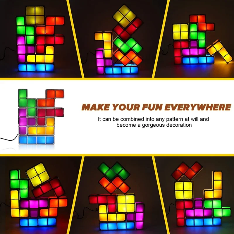 7-Colour Tetris Lamp DIY Game LED Night Light 3D Puzzle Building Blocks Night Light Children's Game Enthusiasts' Festive Gift