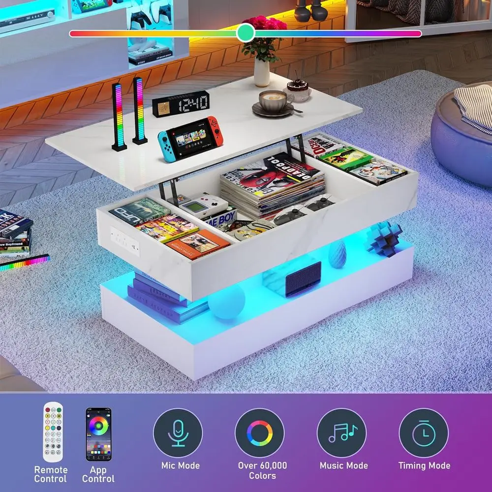 Modern White Coffee Table with Lift Top, LED Lighting, Charging Station, and Hidden Storage