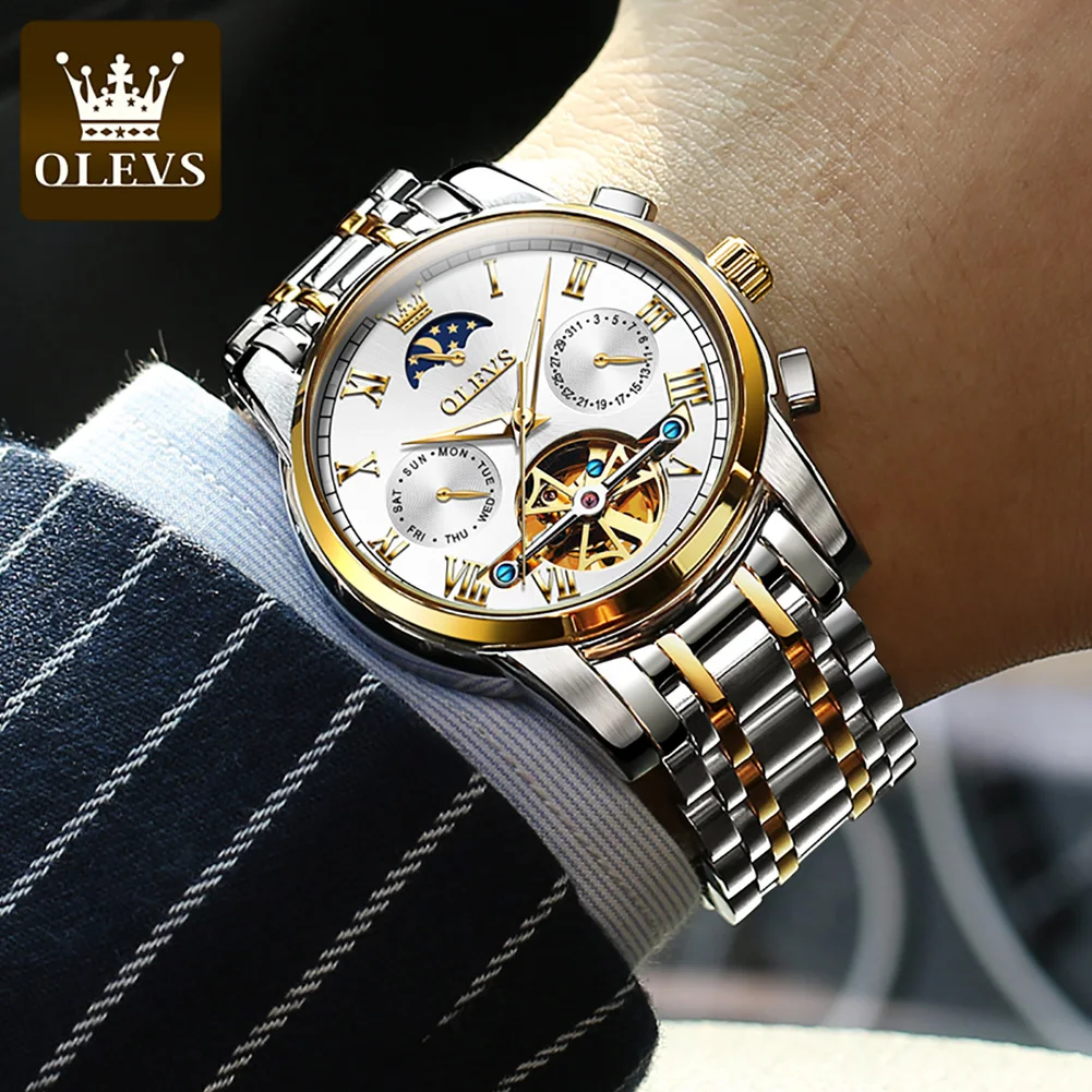 OLEVS Original Automatic Mechanical Watch for Men Luxury Brand Moon Phase Tourbillon Wristwatch Waterproof Luminous Moonswatch