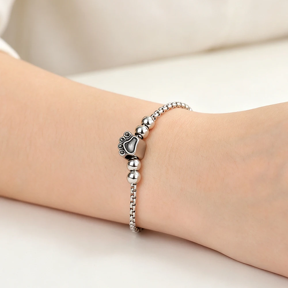 Cat Paw Charm Beaded Bracelet for Women Men Stainless Steel Box Chain Stone Beaded Bracelets Pet Lover Memorial Jewelry Gifts