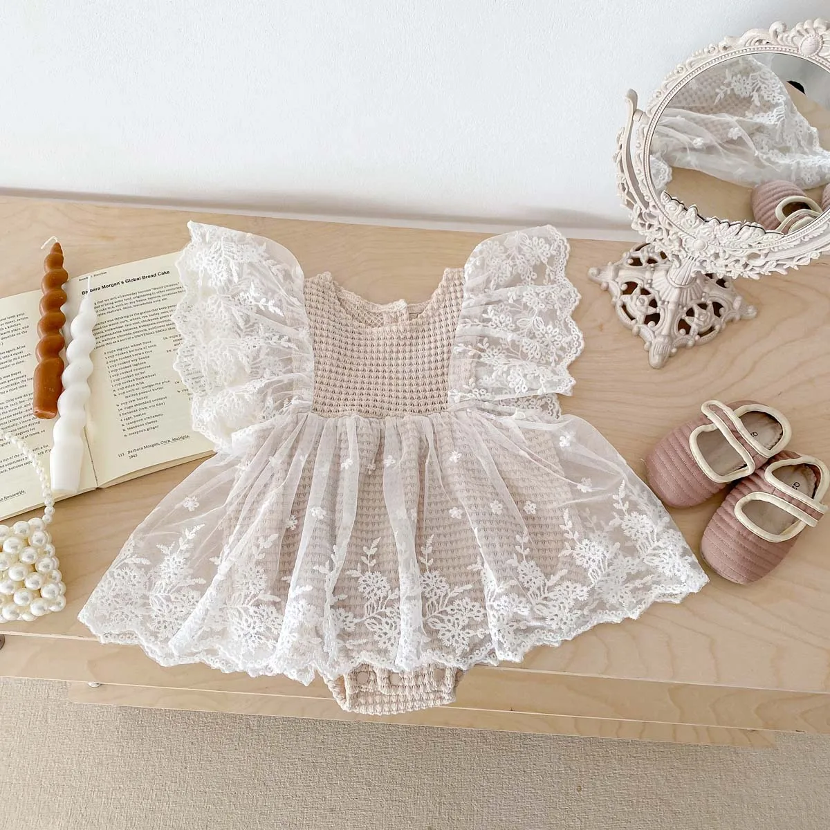 Summer baby girl waffle lace fly sleeve jumpsuit, baby girl stylish and comfortable jumpsuit, perfect for going out