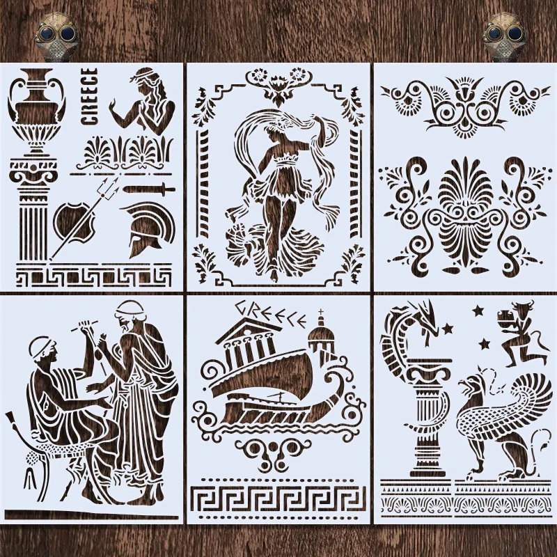 

6Pcs/Set 25cm Ancient Greek Mythology Totem Layering Stencils Painting Scrapbook Coloring Embossing Album Decorative Template