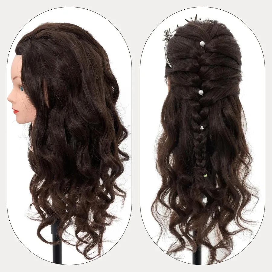 رأس عارضة أزياء للشعر الحقيقي مقاس 28 بوصة 60 لتدريب التجميل وممارسة التصميم مثالية لتقنية تجديل وتجعيد الشعر والقطع