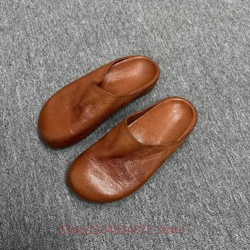 Handmade Vintage Washed Genuine Leather Mules Round Toe Slip on Casual Half Slippers Men's Shoes Fashion Flat Slide Shoes Male