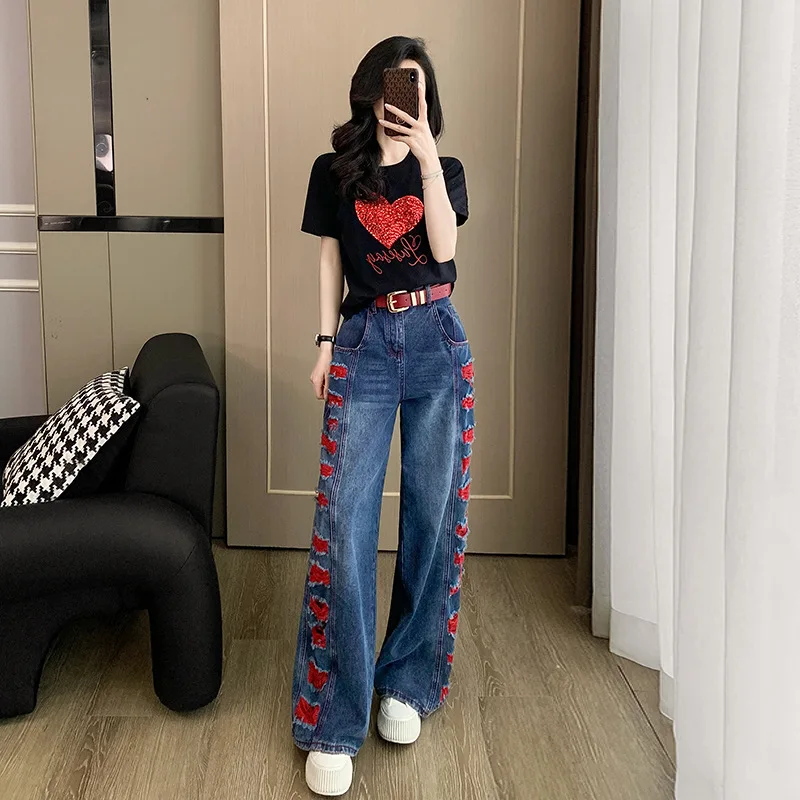 

Internet Celebrity Fried Street Women's Summer Suit 2026 New Popular Short-sleeved Women's T-shirt Versatile Wide-leg Jeans Sets