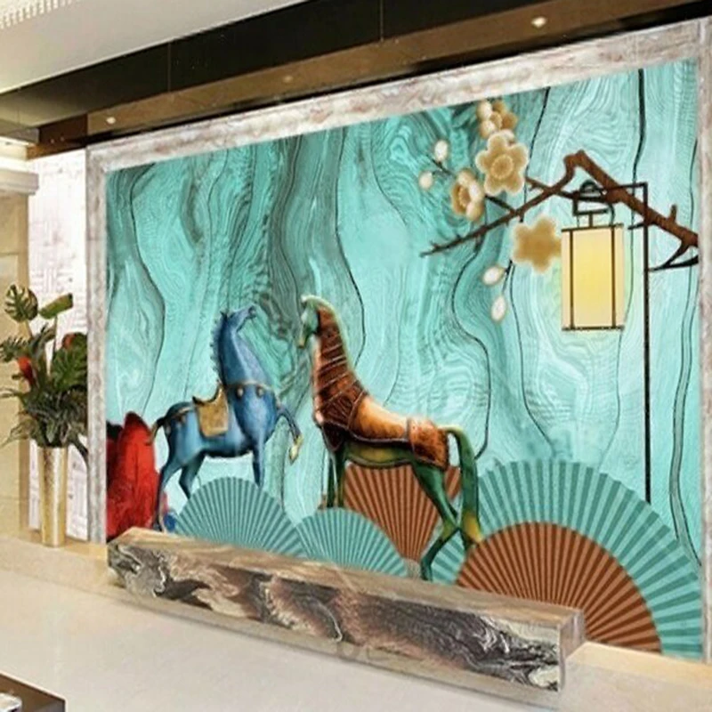 Custom-made luxurious bedroom background wall with Chinese-style oil painting horse fans and wood grain decoration