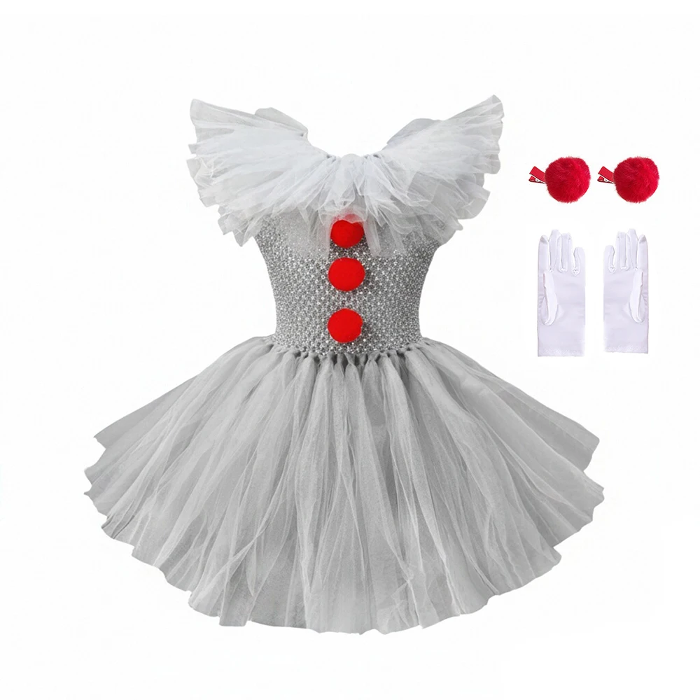 Kids Girls Creepy Clown Fancy Costume Gray Tulle Tutu Dress Cosplay Outfit for Halloween Carnival of The Dead Stage Party Wear image 3