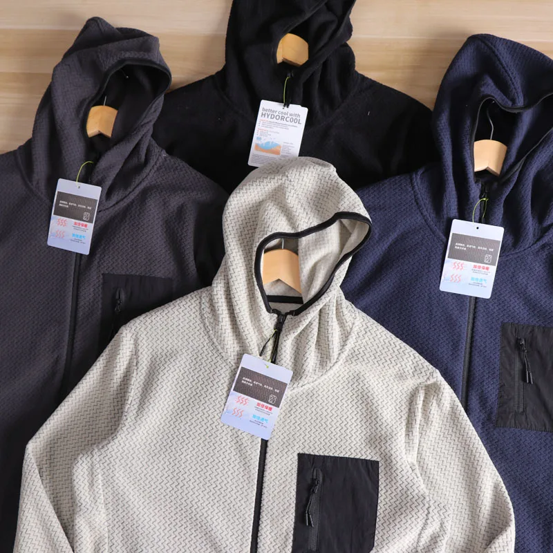 Outdoor Warm Fleece-lined Hooded Base Layer Shirt Wave Pattern Zipper Closure Couples Long Sleeve Polyester Jacket