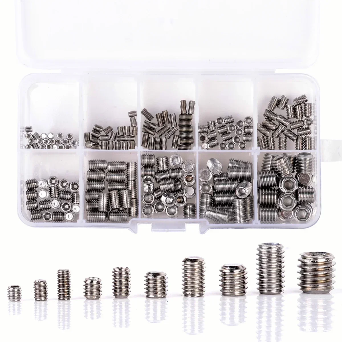 

200pcs Stainless Steel Hex Socket Set Screw Grub Screws Cup Point Assortment Kit M3-M8 With Plastic Box