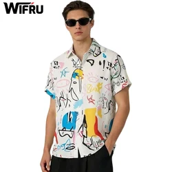 Men's Cute Graffiti Print Lapel Bowling Shirt Short Sleeve Casual Summer Hawaiian Shirt Single Breasted Shirt Trendy Daily Wear