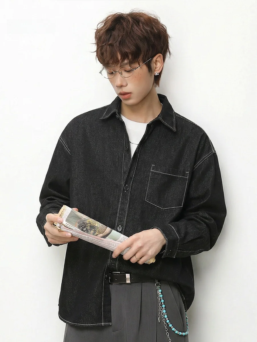 

Ретро джинсовая рубашка мужская свободного кроя с длинным рукавом, рабочая одежда, весенняя модная верхняя одежда из смесового хлопка и полиэстера, устойчивая к износу