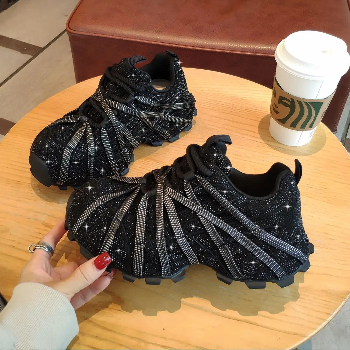 

Trendy Large Size Starry Water Diamond Strap Thick Bottom Dad Shoes Women's Casual Sports Shoes Spring New Style Breathable