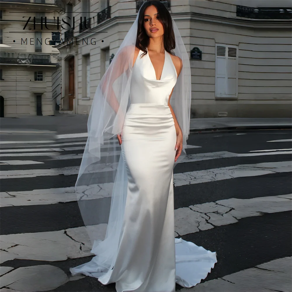ZHUISHU Classic Satin Mermaid Wedding Dress Women 2026 Halter Sleeveless Pleat V-Neck Bridal Gown Vestido De Novia Customized