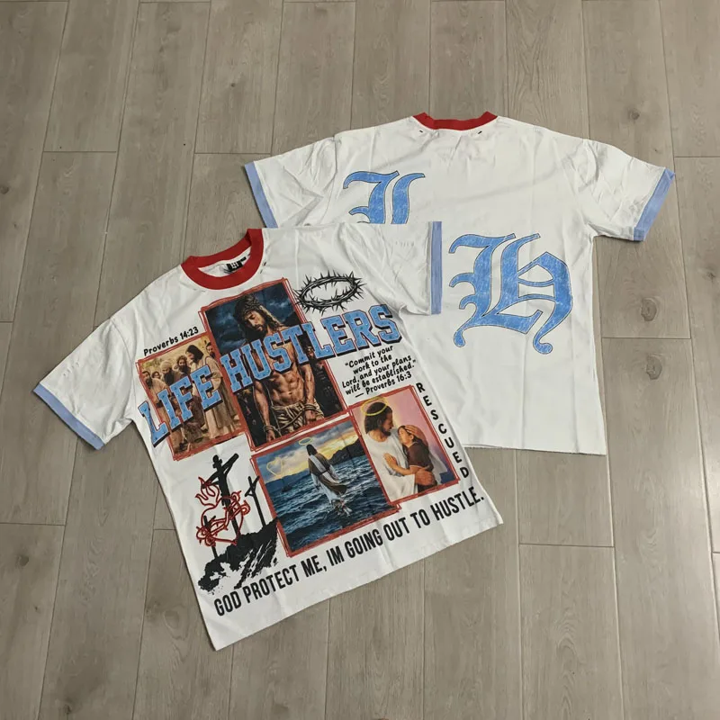 2027 Quality Tee Jesus Figure Fashion Trend Brand Hot Stamping Splicing Grinding Edge Hole Breaking Life Hustlers T-shirts