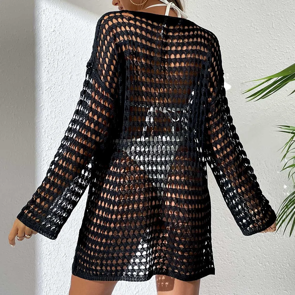 Feminino sólido oco para fora manga longa em torno do pescoço envoltório hip praia estilo blusa mini vestidos verão casual sexy férias vestido curto