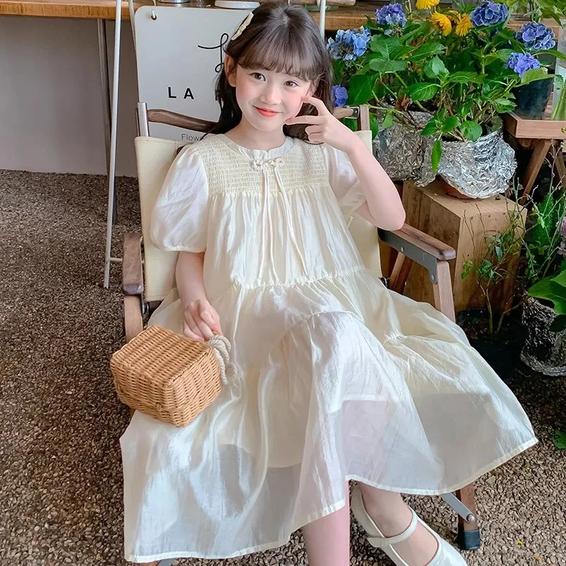 

Horetong Girls Dress Summer Children's Cheongsam Princess Dress Puff Short Sleeve Beaded Tulle Korean Cute Girls Clothes2024