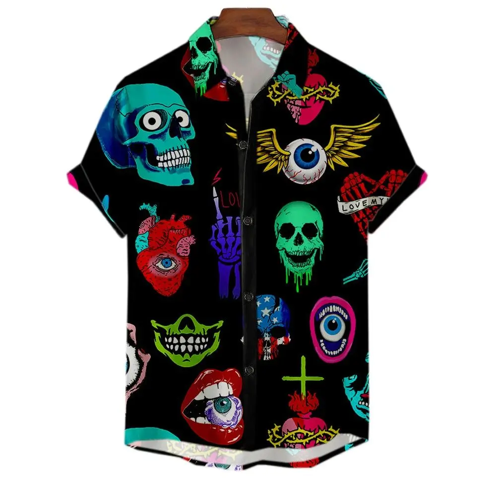 3d Skull Party Hawaiian Shirt Men\'s Casual Loose Breathable Summer Shirt Men Streetwear Short Sleeve Beach Shirt EU Size