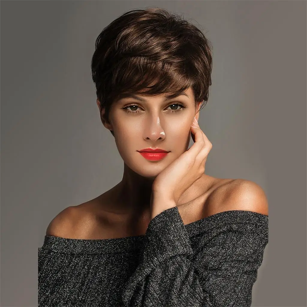 

Women 8’’ Human Hair Straight Wavy Side Part Wigs Brown Pixie Cut Layered Wig for Party Cosplay Daily Use
