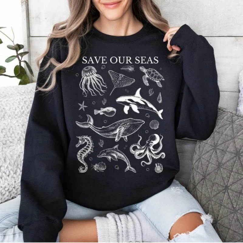 Bluza Save Our Seas, Koszulka Ocean Life, Bluza z kapturem plażowa, Estetyczna bluza, Bluza Summer Vibes, Bluza z motywem zwierząt morskich