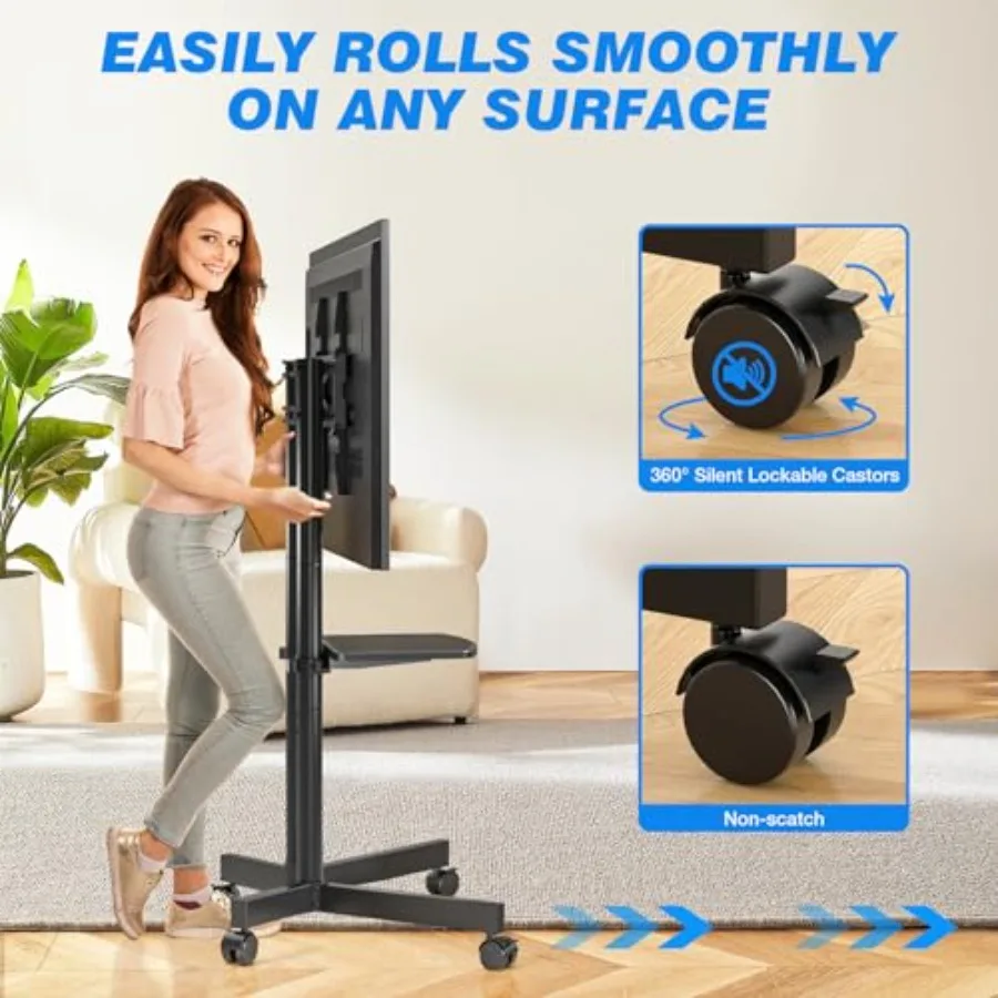 حامل تلفزيون متحرك مع رف كمبيوتر محمول وحامل تلفزيون متنقل مع عجلات مطورة لأجهزة التلفاز مقاس 3275 بوصة وعربة تلفزيون متنقلة قابلة للتعديل