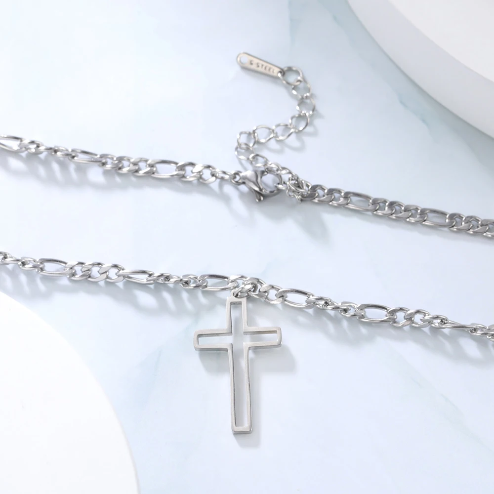 Unift Hollow Cross Necklace for Men Boy Stainless Steel Figaro Chain Necklaces Hip-Hop Religious Classic Christian Male Jewelry