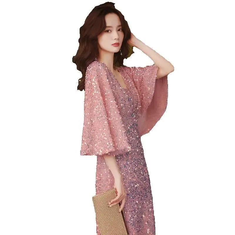 

Flare Sleeves Sequined Knee Length Party Dress