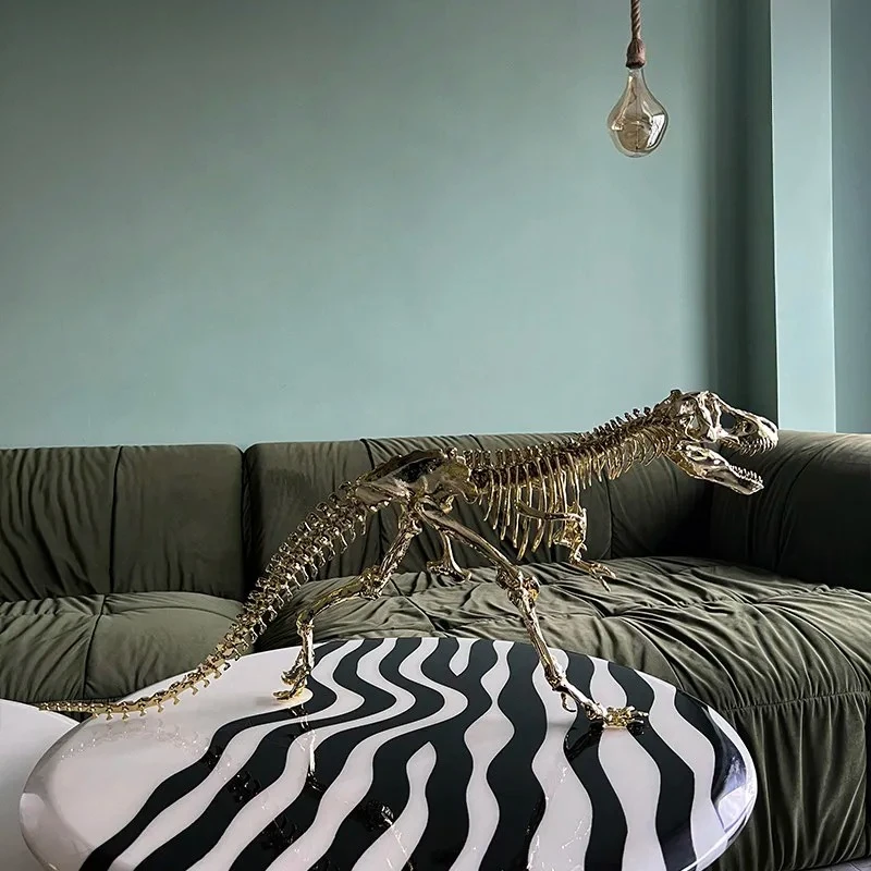 Mechanical T-Rex Dinosaur Statue, Chrome Mirror Surface Art Skeleton Sculpture, Trendy Metal Decor for Home Office Desk Display