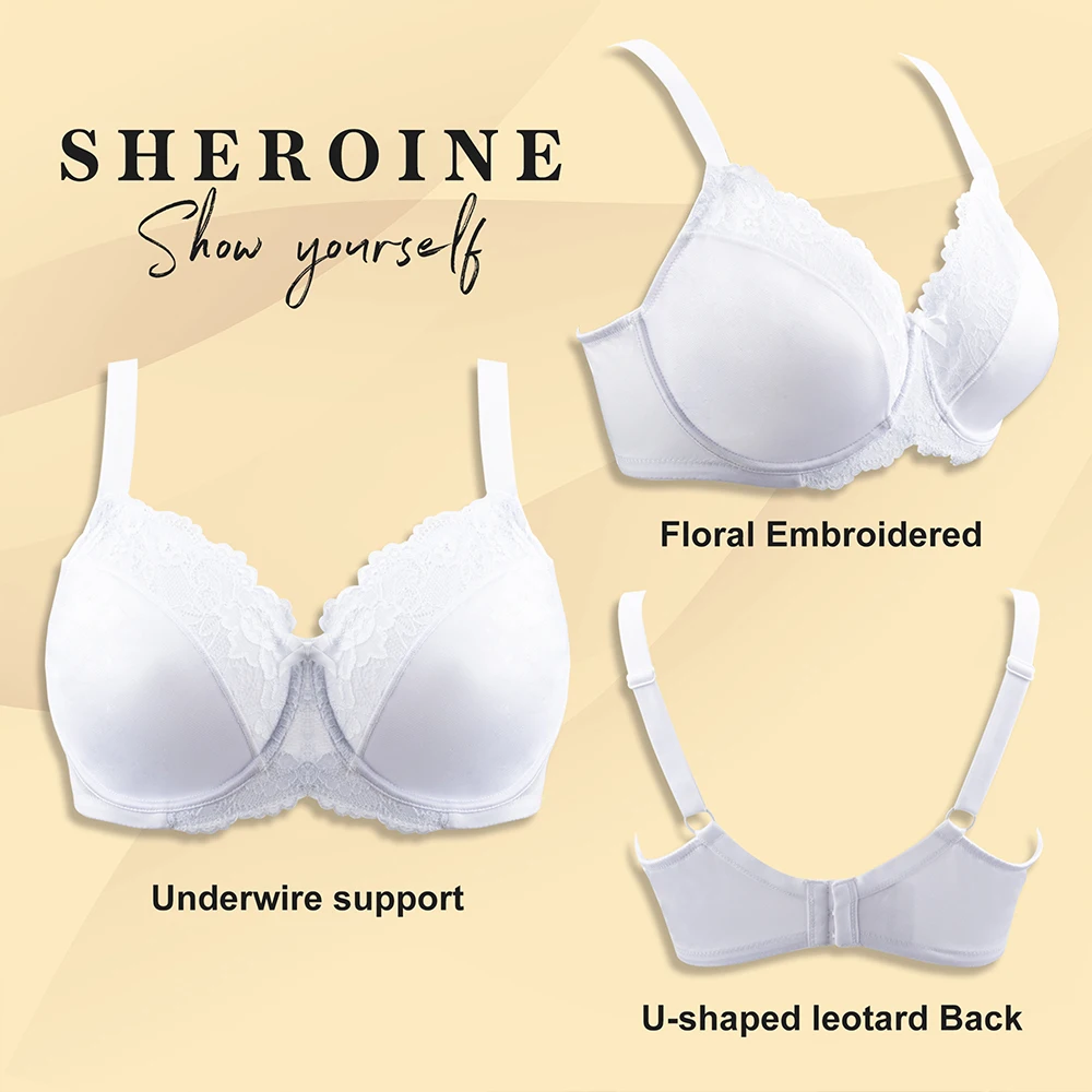 Sheroine Plus Size Minimizer Bra Women Sexy Lace Floral Bra Underwire Full Cup Push Up Unlining with High Support