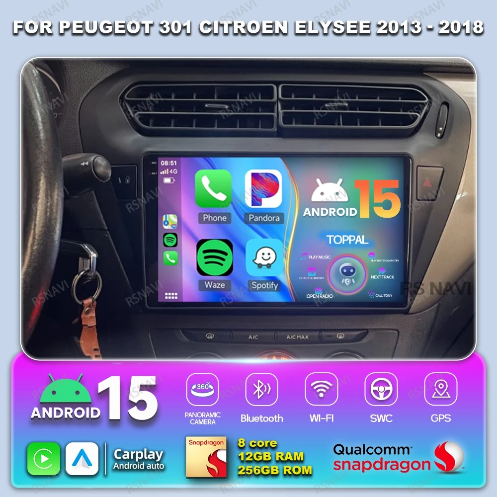

Android 15 Car Radio For Peugeot 301 Citroen Elysee 2013 - 2018 4G LTE 5G WIFI DVD Multimedia BT Autoradio Wireless Carplay Auto